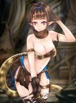  1girl absurdres arknights arm_strap bandeau bangs bare_arms bare_shoulders black_gloves black_scarf blue_eyes blue_hairband blunt_bangs breasts brown_hair cleavage commentary cowboy_shot english_commentary eunectes_(arknights) eyebrows_visible_through_hair gloves hairband hand_in_hair hand_up highres holding holding_wrench huge_filesize i.c.e looking_at_viewer medium_breasts midriff navel pointy_ears scarf short_hair snake_tail solo standing stomach strapless tail thigh_strap thighs tubetop wrench 