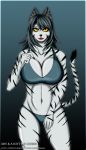  anthro bikini black_body black_fur black_hair breasts claws clothed clothing domestic_cat fangs felid feline felis female fur hair hi_res mammal multicolored_body multicolored_fur open_mouth open_smile partially_clothed simple_background smile solo stripes swimwear tongue two_tone_body two_tone_fur white_body white_fur yellow_eyes zi0808 