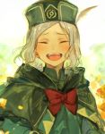  1boy blush bow cloak closed_eyes feathers forehead hat hood kuzuvine open_mouth otto_suewen re:zero_kara_hajimeru_isekai_seikatsu short_hair silver_hair smile solo upper_body wavy_hair 