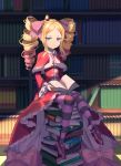  1girl absurdres bangs beatrice_(re:zero) blonde_hair blue_eyes book bookshelf bow capelet closed_mouth crown full_body fur-trimmed_capelet fur_trim hair_bow highres jitome long_hair long_sleeves looking_at_viewer mini_crown open_book pantyhose parted_bangs pink_bow pink_hair progameer789 re:zero_kara_hajimeru_isekai_seikatsu red_capelet shiny shiny_hair sitting solo striped striped_legwear twintails very_long_hair 