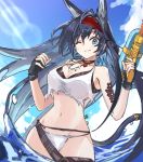  1girl animal_ears arknights bangs bare_arms bare_shoulders black_gloves black_hair blaze_(arknights) blue_eyes blue_sky breasts cat_ears cat_tail cleavage cloud commentary_request cowboy_shot crop_top crop_top_overhang day exion_(neon) eyebrows_visible_through_hair fingerless_gloves gloves grin groin hairband hands_up holding holding_water_gun jewelry lens_flare long_hair looking_at_viewer medium_breasts midriff navel necklace one_eye_closed red_hairband sky smile solo standing stomach tail tank_top very_long_hair water water_gun white_tank_top 