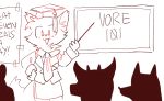  anthro bottomwear canid canine clothed clothing detailed_background female fox fur group hand_on_hip hat headgear headwear holding_object humor inner_ear_fluff mammal miniskirt necktie pester pupils sketch skirt solo_focus teacher text tuft 