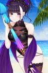  1girl armlet bangs bare_shoulders beach black_swimsuit blue_sky blush breasts closed_mouth fate/grand_order fate_(series) flower hair_flower hair_ornament hair_up highleg highleg_swimsuit highres large_breasts long_hair looking_at_viewer murasaki_shikibu_(fate) murasaki_shikibu_(swimsuit_rider)_(fate) nerua one-piece_swimsuit oversized_object palm_tree pen purple_eyes purple_hair shawl shore single_thighhigh sky swimsuit thighhighs thighs tied_hair tree 