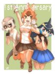  3girls absurdres animal_ears bare_shoulders black_gloves black_hair blonde_hair blowhole blue_dress blue_eyes blue_hair bow bowtie brown_skirt commentary_request common_dolphin_(kemono_friends) dhole_(kemono_friends) dog_ears dog_girl dog_tail dolphin_tail dorsal_fin dress extra_ears eyebrows_visible_through_hair finger_to_mouth frilled_dress frills glasses gloves highres kemono_friends kemono_friends_3 light_brown_hair long_sleeves meerkat_(kemono_friends) meerkat_ears meerkat_tail multicolored_hair multiple_girls orange_eyes pleated_dress pleated_skirt sailor_dress short_hair skirt sleeveless sleeveless_dress sweater tail thighhighs thin_(suzuneya) white_gloves white_hair white_neckwear yellow_eyes zettai_ryouiki 