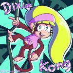  1:1 2020 5_fingers absurd_res anthro blonde_hair bottomless brown_body brown_fur clothed clothing dixie_kong donkey_kong_(series) english_text female fingers fur green_eyes hair haplorhine hat headgear headwear hi_res long_hair mammal monkey nintendo open_mouth open_smile ponytail prehensile_feet primate quarium signature smile solo teeth text toes tongue video_games vines 