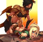  2girls ahegao armor ass bangs bare_shoulders belt bent_over bird_girl bird_tail black_hair black_nails blonde_hair blue_eyes breasts brown_belt brown_skirt bunny_and_fox_world clothed_sex commentary commission crop_top cum cutout_gloves d-rex dark_skin feathered_wings feathers futa_with_female futanari gem gloves gradient gradient_background green_gloves green_legwear green_shirt hair_between_eyes hair_ornament hairclip highres large_breasts long_hair map mask midriff mouth_mask multiple_girls navel open_mouth orange_background parted_bangs ponytail raxxa_(bunny_and_fox_world) red_eyes saliva sex sex_from_behind shirt short_hair shoulder_plates skirt skirt_lift stomach talon_(bunny_and_fox_world) teeth thighhighs tongue tongue_out vaginal vambraces wings 
