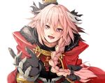  1boy armor astolfo_(fate) black_bow bow braid cloak eyebrows eyebrows_visible_through_hair fang fate/apocrypha fate/grand_order fate_(series) fur-trimmed_cloak fur_trim gauntlets gorget hair_bow hair_intakes happy long_braid long_hair long_sleeves looking_at_viewer male_focus multicolored_hair open_mouth otoko_no_ko pink_hair puffy_sleeves purple_eyes red_cloak simple_background single_braid smile solo streaked_hair upper_body white_background yawl 