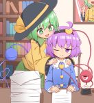  2girls ahoge black_hairband black_headwear blue_shirt bookshelf bright_pupils chair commentary_request frilled_sleeves frills green_eyes green_hair green_skirt hairband hands_on_another&#039;s_shoulders hat heart heart_of_string highres holding holding_pen indoors inkwell komeiji_koishi komeiji_satori long_sleeves looking_at_viewer multiple_girls nib_pen_(object) nihohohi one_eye_closed open_mouth paper paper_stack pen portrait_(object) purple_eyes purple_hair shirt short_hair siblings sisters sitting skirt smile third_eye touhou white_pupils yellow_shirt 