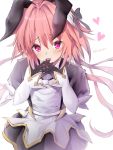  1boy animal_ears artist_name astolfo_(fate) astolfo_(saber)_(fate) bangs black_bow black_gloves black_ribbon bow bowtie bunny_ears bunny_hair_ornament dress fate/grand_order fate_(series) gloves hair_between_eyes hair_bow hair_intakes hair_ornament hair_ribbon hands_together happy long_hair long_sleeves looking_at_viewer low_twintails male_focus multicolored_hair open_mouth otoko_no_ko pink_hair purple_eyes ribbon satou_yumeri simple_background smile solo streaked_hair twintails twitter_username upper_body white_background 