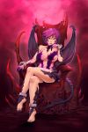  1girl absurdres bare_legs bare_shoulders barefoot black_nails breasts claws collarbone commentary commission crossed_legs d-rex demon_horns demon_tail demon_wings facial_mark feet full_body hand_on_own_cheek hand_up highres horns large_breasts looking_at_viewer nail_polish original purple_eyes purple_hair red_theme short_hair sitting skull smile solo tail throne toenail_polish toenails toes wings 