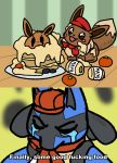  blitzdrachin bodily_fluids cake canid clothing comic conditional_dnp crying eevee feral fluffy food fruit gordon_ramsay happy hat headgear headwear humor lucario mammal mayonnaise meme nintendo plant pok&eacute;mon pok&eacute;mon_(species) pokemon_cafe_mix scarf tears tomato video_games 