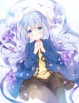  1girl bangs black_legwear black_ribbon black_skirt blue_coat blue_eyes blush closed_mouth coat eyebrows_visible_through_hair gochuumon_wa_usagi_desu_ka? hair_between_eyes hair_ornament hands_clasped highres kafuu_chino long_hair long_sleeves looking_at_viewer lying miniskirt mocha_(naturefour) neck_ribbon on_back own_hands_together pantyhose ribbon silver_hair skirt smile solo sweater twintails very_long_hair x_hair_ornament yellow_sweater 