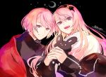  2boys androgynous artist_name black_jacket black_shirt closed_mouth crescent_moon dual_persona holostars hotate_rayan jacket long_hair long_sleeves looking_at_viewer male_focus moon multiple_boys open_mouth own_hands_together pink_eyes pink_hair shirt short_hair sketch star_(symbol) sweater tsukishita_kaoru turtleneck turtleneck_sweater twitter_username virtual_youtuber 