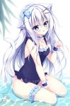  1girl animal_ears bangs barefoot between_legs blue_bow blue_eyes blue_swimsuit blush bow breasts cat_ears cat_girl cat_tail cleavage commentary_request eyebrows_visible_through_hair frills hair_between_eyes hair_bow hair_ornament hand_between_legs hand_up herurun leg_garter long_hair looking_at_viewer one-piece_swimsuit open_mouth original pool school_swimsuit sitting small_breasts solo swimsuit tail very_long_hair wariza water white_hair wrist_cuffs 