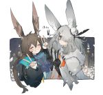  2girls amiya_(arknights) animal_ears arknights black_gloves brown_hair bunny_ears cloak closed_eyes double_v frostnova_(arknights) gloves grey_eyes grey_hair grin hair_over_one_eye hood hooded_jacket jacket jewelry low_ponytail mikojin multiple_girls ring smile v 