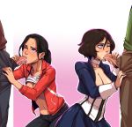  2boys 2girls bangs bioshock bioshock_infinite black_hair black_jacket black_pants blue_dress blue_eyes breasts brown_hair brown_pants choker cleavage collarbone commission corset crossover cum cum_in_mouth d-rex dress elizabeth_(bioshock_infinite) fellatio gradient gradient_background hair_between_eyes handjob hetero jacket large_breasts left_4_dead long_sleeves multiple_boys multiple_girls navel one_eye_closed open_fly oral out_of_frame pants penis pink_background ponytail red_jacket shirt shirt_lift short_hair shrug_(clothing) stomach uncensored white_choker zoey_(left_4_dead) 