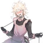  1boy absurdres alternate_costume apron bangs black_gloves blonde_hair blush bound broken broken_chain brown_eyes chain chain_necklace chained collar cuffs danganronpa elbow_gloves gloves hair_between_eyes handcuffs highres komaeda_nagito kyandii leash long_sleeves looking_at_viewer male_focus messy_hair metal_collar open_mouth pink_apron restrained shackles short_hair simple_background smile solo spikes super_danganronpa_2 upper_body upper_teeth white_background 