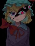  1girl 5alive black_background blonde_hair closed_mouth collared_dress commentary expressionless gap_(touhou) hat highres lavender_dress light_frown looking_at_viewer maribel_hearn mob_cap neck_ribbon purple_eyes red_eyes red_ribbon ribbon simple_background solo standing touhou white_headwear 