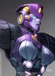  1girl artist_name blue_eyes dark_persona decepticon english_commentary fusion gradient gradient_background insignia looking_down mask nautica purple_lips solo tarn the_transformers_(idw) transformers tumblr_username weibo_id weibo_logo weibo_username zoner 