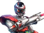  1boy arm_cannon clenched_hand close-up fire_(winspector) looking_at_viewer male_focus metal_hero orange_eyes solo taedu tokkei_winspector tokusatsu visor weapon white_background 