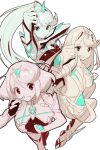  3girls clenched_hands fingerless_gloves from_above gloves green322 green_eyes hikari_(xenoblade_2) homura_(xenoblade_2) long_hair looking_back looking_up multiple_girls photo-referenced pneuma_(xenoblade_2) ponytail red_eyes short_hair white_background xenoblade_(series) xenoblade_2 yellow_eyes 