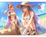  2girls :d ? bangs bare_shoulders beach bikini blue_sarong blue_sky blue_swimsuit border breasts brown_eyes brown_hair caitlyn0104 choker cleavage closed_mouth cloud collarbone commentary_request dragon draph finger_to_chin granblue_fantasy hair_between_eyes hair_ornament halterneck hat head_wings highres lavender_hair long_hair multiple_girls navel ocean open_mouth sand sand_castle sand_sculpture sarong shore shovel sidelocks silva_(granblue_fantasy) sky slippers smile song song_(granblue_fantasy) squatting standing sun_hat sunlight swimsuit thighs vee_(granblue_fantasy) water wavy_hair white_bikini white_border white_choker 
