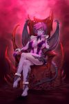  1girl absurdres bare_legs bare_shoulders barefoot black_nails breasts claws collarbone commentary commission crossed_legs d-rex demon_horns demon_tail demon_wings facial_mark feet full_body hand_on_own_cheek hand_up highres horns large_breasts looking_at_viewer nail_polish original pink_skin purple_eyes purple_hair red_theme short_hair sitting skull smile solo tail throne toenail_polish toenails toes wings 