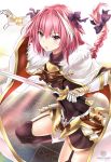  1boy armor armored_dress artist_name astolfo_(fate) black_bow black_dress black_legwear bow braid cloak dress fang fate/apocrypha fate/grand_order fate_(series) fighting_stance fur-trimmed_cloak fur_trim gauntlets gorget hair_bow hair_intakes highres holding holding_sword holding_weapon long_braid long_hair long_sleeves male_focus multicolored_hair nez-box open_mouth otoko_no_ko pink_hair puffy_sleeves purple_eyes single_braid solo streaked_hair sword thighhighs weapon white_cloak 
