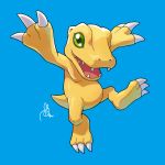  agumon blue_background digimon digimon_adventure full_body green_eyes no_humans peron_(niki2ki884) signature simple_background 