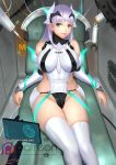  1girl ariverkao bangs biting blue_eyes breasts detached_sleeves headgear large_breasts lavender_hair leotard lip_biting long_hair looking_at_viewer original patreon_logo shiny shiny_hair sitting smile solo straight_hair thighhighs watermark web_address white_legwear 