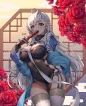  1girl absurdres alternate_costume azur_lane bangs belfast_(azur_lane) belfast_(iridescent_rose)_(azur_lane) between_breasts braid breasts broken broken_chain chain china_dress chinese_clothes cleavage collar dress earrings eyebrows_visible_through_hair fan fan_over_face heart heart_earrings highres holding holding_fan jewelry large_breasts long_hair panties purple_eyes side-tie_panties silver_hair skindentation solo tacco_(tikeworld) thighhighs thighs underwear white_legwear 