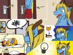  2019 4:3 4_fingers all_fours annoyed anthro barefoot bed beverage biped black_ears black_markings black_nose black_text blonde_hair blue_body blue_bottomwear blue_clothing blue_fur blue_shorts border bottomwear brown_hair brown_horn canid canine character_request chinese_text clothed clothing comic countershade_torso countershading detailed_background digital_drawing_(artwork) digital_media_(artwork) dipstick_tail door dragon duo eyes_closed fangs fingers fluffy fluffy_tail fox front_view fur fur_markings furniture furred_dragon gloves_(marking) grey_clothing grey_shirt grey_topwear hair horn idea inner_ear_fluff inside light_bulb long_hair looking_at_another looking_up lunlunfox lunlunfox_(character) male mammal markings multicolored_tail multiple_scenes on_sofa open_mouth paws pillow rear_view red_bottomwear red_clothing red_markings red_shorts red_tongue shirt short_hair shorts side_view simple_background sleeping sofa sound_effects speech_bubble standing surprise text thinking thought_bubble three-quarter_view tongue toony topless topwear tuft white_body white_border white_countershading white_fur white_markings yellow_background yellow_body yellow_eyes yellow_fur zzz 
