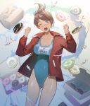  1girl ;o absurdres asahina_aoi ass_visible_through_thighs blue_eyes blush breasts brown_hair candy candy_wrapper cleavage clothes_writing collarbone competition_swimsuit cowboy_shot danganronpa danganronpa_1 dark_skin doughnut food hair_ornament hairclip highleg highleg_swimsuit highres jacket kyandii large_breasts looking_at_viewer one-piece_swimsuit one_eye_closed open_clothes open_jacket open_mouth ponytail red_jacket short_hair solo standing swimsuit swimsuit_under_clothes tan tanline track_jacket upper_teeth water 