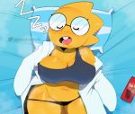  alphys anthro bed belly big_breasts blush bodily_fluids bra breasts buckteeth chubby_female clothed clothing coat drooling eyes_closed eyewear female food freckles front_view furniture glasses hi_res lab_coat lying navel non-mammal_breasts off_shoulder on_back on_bed open_mouth panties pillow pocky reptile saliva saliva_drip scales scalie short_stack skimpy sleeping slightly_chubby solo somescrub sound_effects sweat teeth thick_thighs tongue tongue_out topwear undertale underwear video_games wide_hips yellow_body yellow_scales zzz 