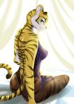  anthro black_body black_fur breasts clothing felid female fur hi_res looking_at_viewer mammal nipples pantherine simple_background sitting small_breasts solo stripes tiger translucent translucent_clothing treyer white_body white_fur yellow_body yellow_fur 