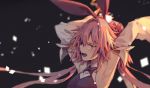  1boy animal_ears arms_up astolfo_(fate) astolfo_(saber)_(fate) bangs black_background black_bow black_ribbon bow bowtie bunny_ears bunny_hair_ornament fate/grand_order fate_(series) hair_between_eyes hair_bow hair_intakes hair_ornament hair_ribbon happy jammie850310 long_hair long_sleeves looking_at_viewer looking_back low_twintails male_focus multicolored_hair open_mouth otoko_no_ko pink_hair purple_eyes ribbon simple_background smile solo streaked_hair twintails upper_body 