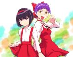  bow breasts choker closed_mouth dress gegege_no_kitarou hair_bow looking_at_viewer multiple_girls nekomusume nekomusume_(gegege_no_kitarou_6) open_mouth pointy_ears purple_hair red_bow red_choker red_dress shirt short_hair ueyama_michirou white_shirt yellow_eyes 