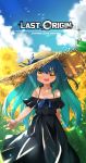  1girl absurdres bird black_dress blue_hair blurry breasts cloud copyright_name day depth_of_field dress english_text flower hat hat_ribbon highres last_origin lighthouse long_dress long_hair lrl open_mouth outdoors ribbon smile solo spaghetti_strap summer sun_hat sundress sunflower wweed 