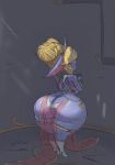  big_butt blindfold blonde_hair blue_body blue_skin breasts butt clothing ear_piercing ear_ring female footwear hair hi_res high_heels huarbodraw huge_butt hyper hyper_butt league_of_legends not_furry piercing poppy_(lol) riot_games shoes short_stack solo thick_thighs translucent translucent_clothing video_games yordle 