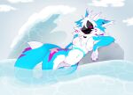 absurd_res anthro beach breasts casual_nudity female fish fluffy fluffy_ears genitals hi_res kanaeshka machine marine neck_tuft protogen pussy relaxing rock shark sketch solo tail tuft water wave