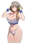  1girl black_eyes bow_(bhp) braid braided_ponytail breasts bright_pupils brown_hair character_request closed_mouth collarbone copyright_request hairband headphones highres large_breasts long_hair looking_at_viewer navel panties pink_hairband simple_background solo striped_clothes striped_panties underwear white_background white_pupils 