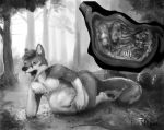  2018 abdominal_bulge anthro arm_support athletic bodily_fluids bubble canid canine canis collar death digestion domestic_dog duo esophagus forest fox gore greyscale hand_on_stomach husky hybrid internal kiva~ kneeling leaning_on_elbow lying male mammal monochrome nordic_sled_dog on_front open_mouth outside ribcage spitz stomach stomach_acid tree vore 
