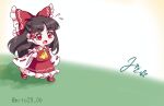  1girl :o ascot bare_shoulders blunt_bangs bow brown_hair chibi chibi_only collared_shirt commentary_request detached_sleeves flying_sweatdrops frilled_bow frilled_hair_tubes frilled_skirt frills full_body hair_bow hair_tubes hakurei_reimu highres long_hair mito_(fate) open_mouth parted_bangs red_bow red_eyes red_shirt red_shoes red_skirt ribbon-trimmed_sleeves ribbon_trim running shirt shoes sidelocks signature skirt skirt_set sleeveless sleeveless_shirt socks solo touhou twitter_username white_sleeves white_socks wide_sleeves yellow_ascot 