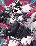  2020 anthro armband baphi_(artist) breasts claws clothed clothing female galarian_zigzagoon hi_res microphone nintendo open_mouth pok&eacute;mon pok&eacute;mon_(species) red_eyes regional_form_(pok&eacute;mon) solo spiked_armband spikes tongue video_games 
