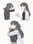  ... 2girls bang_dream! bang_dream!_it&#039;s_mygo!!!!! black_hair black_jacket black_shirt commentary_request criangle_k. crying earclip highres hug jacket long_hair medium_hair mole mole_under_eye multiple_girls purple_eyes red_shirt shiina_taki shirt simple_background spoken_ellipsis three-quarter_sleeves white_background white_jacket yahata_umiri 