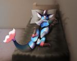  amira_(cafe_plaisir) bed clothing eeveelution female feral foxydraws furniture genitals hi_res looking_at_viewer nintendo pok&eacute;mon pok&eacute;mon_(species) pussy solo stretching vaporeon video_games 