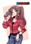  1girl belt blue_eyes breasts brown_hair claire_redfield cleavage closed_mouth denim gun handgun jacket long_hair looking_at_viewer ponytail resident_evil resident_evil_2 revolver solo tukiwani weapon 