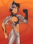  3:4 abstract_background anthro anthrofied bodysuit bulge clothing goo_transformation hi_res human male mammal midriff navel nintendo null_bulge pok&eacute;mon pok&eacute;mon_(species) poochyena skinsuit solo tight_clothing transformation video_games 