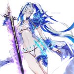  1girl bangs bikini blue_flower blue_rose breasts brynhildr_(fate) brynhildr_(swimsuit_berserker)_(fate) closed_mouth commentary_request eyebrows_visible_through_hair eyelashes fate/grand_order fate_(series) flower glasses green_hair hair_over_one_eye highres holding holding_sword holding_weapon koshika_rina long_hair looking_at_viewer purple_scrunchie rose scrunchie side_ponytail smile solo swimsuit sword very_long_hair watermark weapon white_bikini 