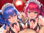  2girls aqua_eyes blue_hair bra breasts censored handjob kase_daiki long_hair nipples original penis pink_eyes red_hair underwear 